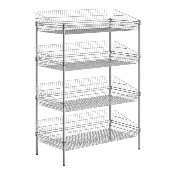 A Regency chrome wire rack with 4 baskets on it.
