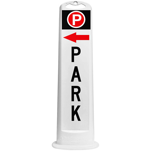A white vertical parking sign with black text and a left arrow.