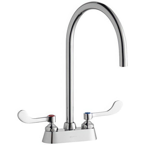 A chrome Zurn Elkay deck mount faucet with gooseneck spout and wristblade handles.