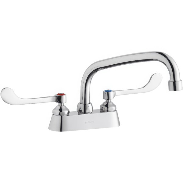 A Zurn Elkay deck mount faucet with two wristblade handles and a swing spout.