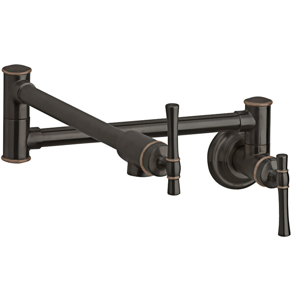 An Elkay oil-rubbed bronze wall-mounted pot and kettle filler with two lever handles.