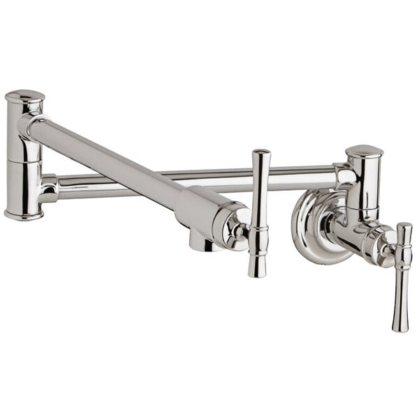 An Elkay polished nickel wall-mounted pot and kettle filler faucet with double-jointed swing spout and lever handles.