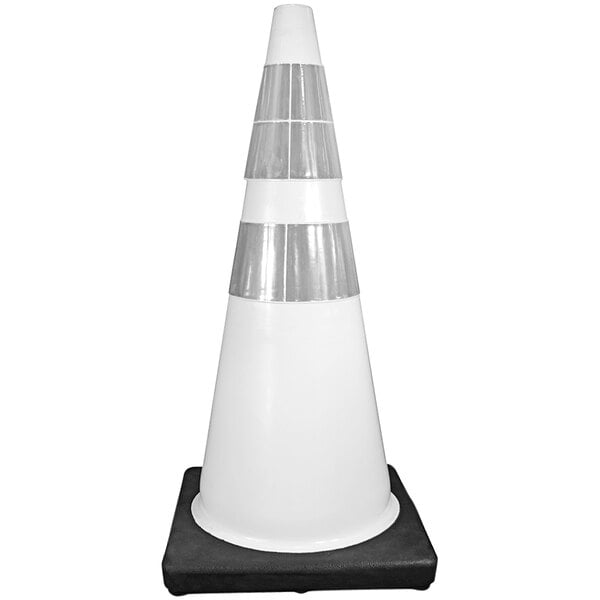 A white Cortina traffic cone with silver stripes on a black base.