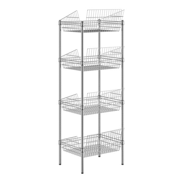 A Regency chrome wire rack with four baskets on it.