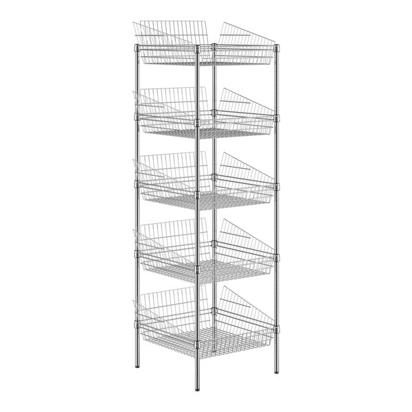 A Regency chrome metal retail display stand with 5 baskets on shelves.