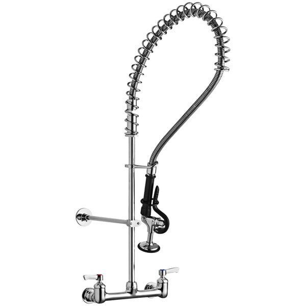 An Elkay chrome wall mount pre-rinse faucet with a curved hose.