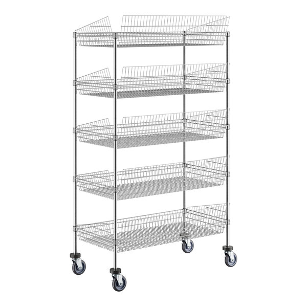 A Regency chrome metal mobile retail display stand with 5 baskets.