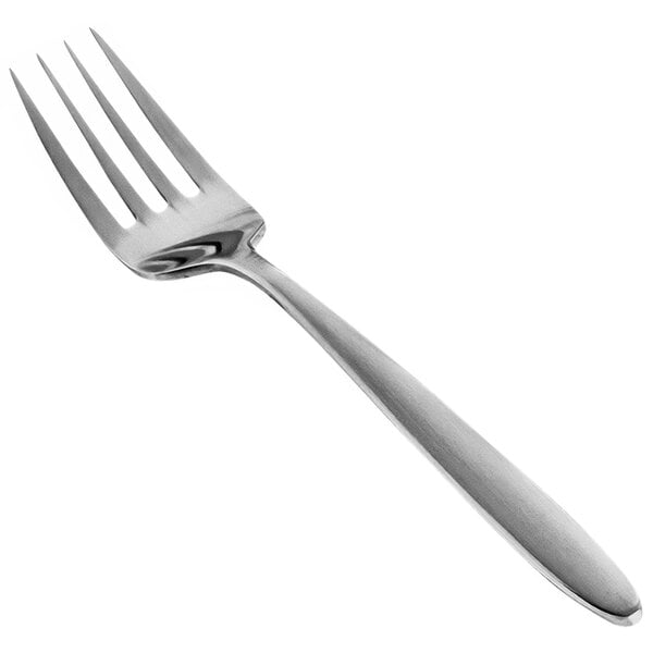 The front of a silver Front of the House Luca salad/dessert fork with a brushed handle.