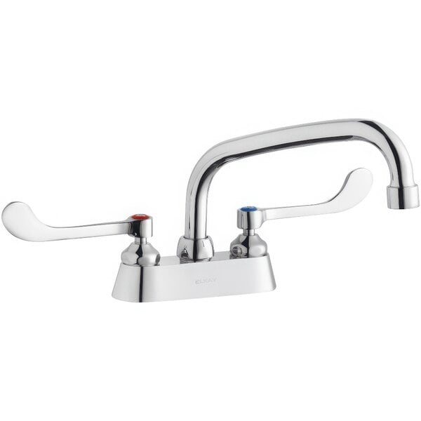 A silver Zurn Elkay deck-mount faucet with two wristblade handles and an arc tube swing spout.