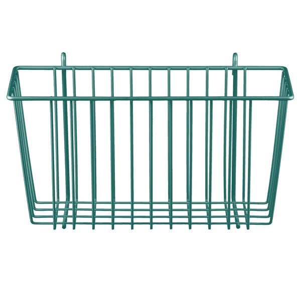 A green metal wire basket for Metro shelving.