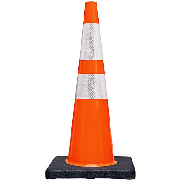 An orange Cortina traffic cone with double white reflective collars on a black base.