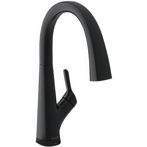 A Zurn Elkay Avado deck-mount matte black kitchen faucet with a single lever.