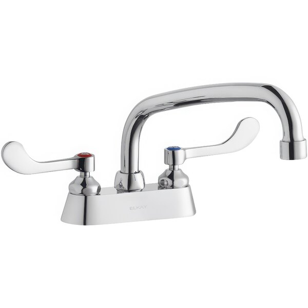 A Zurn Elkay deck-mount faucet with an arc tube swing spout and wristblade handles.