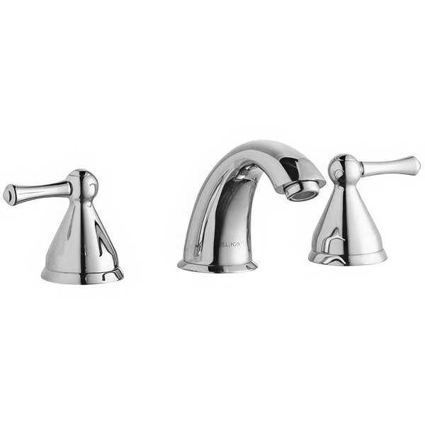 Two Zurn Elkay chrome deck-mount lavatory faucets with lever handles.