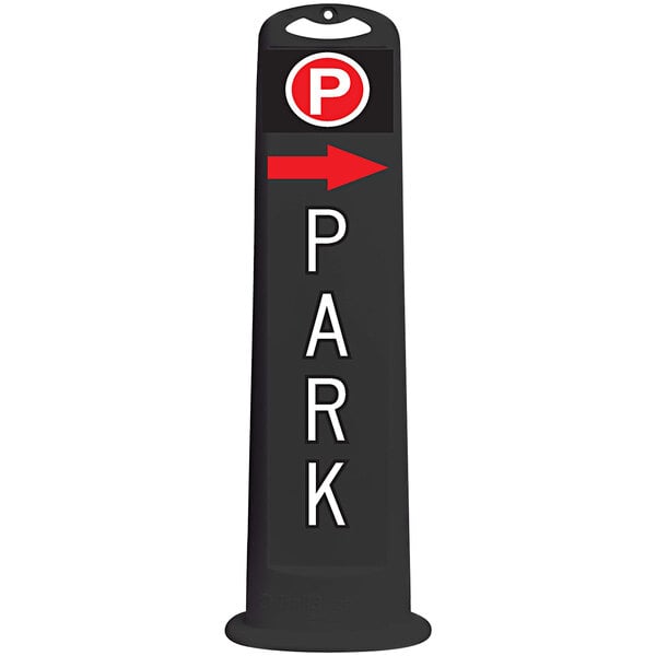 A black vertical sign with the word "Park" in white letters and a red right arrow pointing down.