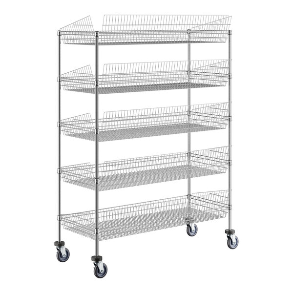 A Regency chrome metal retail storage stand with five baskets.