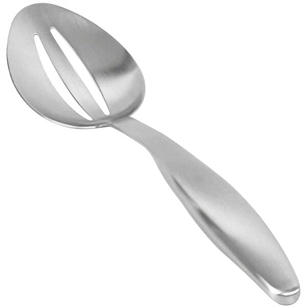 A Front of the House stainless steel slotted serving spoon with a brushed finish.