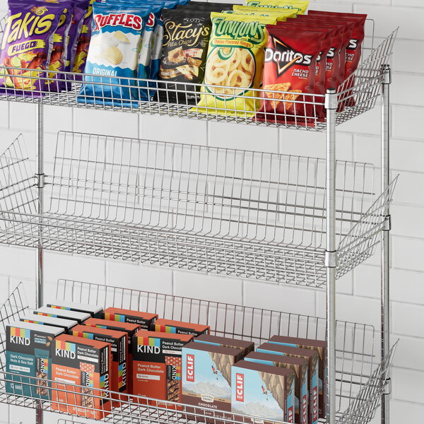 A Regency metal rack with snacks on it.