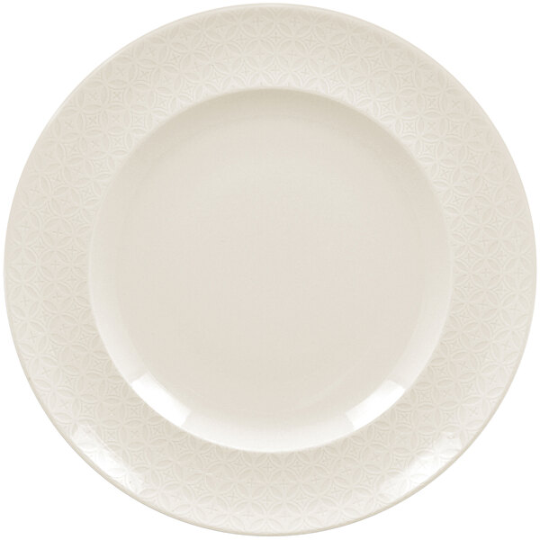 A RAK Porcelain ivory flat plate with an embossed lace pattern.