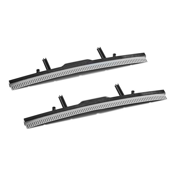 A pair of black plastic handles on a white background.