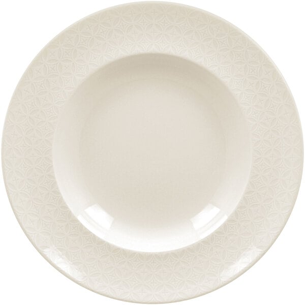 A white RAK Porcelain deep plate with an embossed lace design.