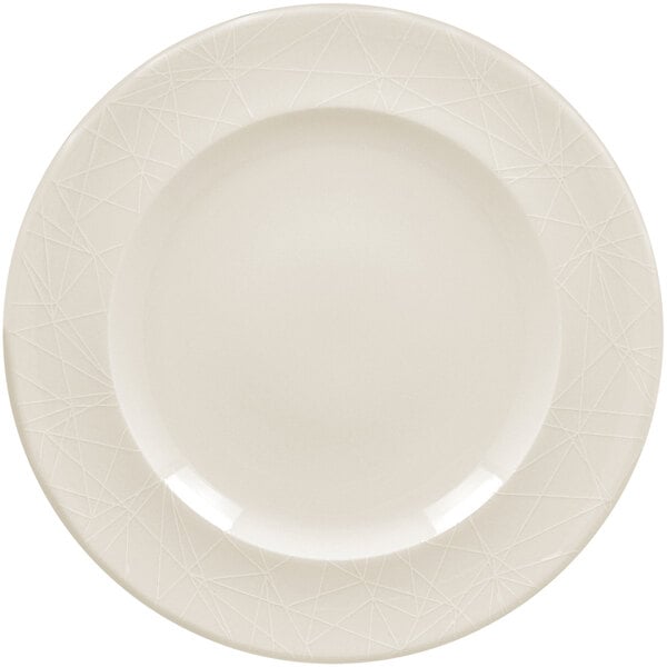 A white RAK Porcelain flat plate with an embossed pattern of lines.