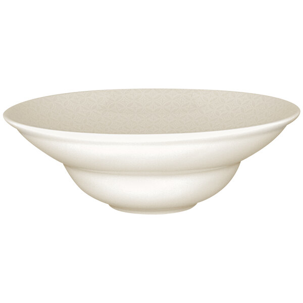 An ivory porcelain deep plate with an embossed pattern.