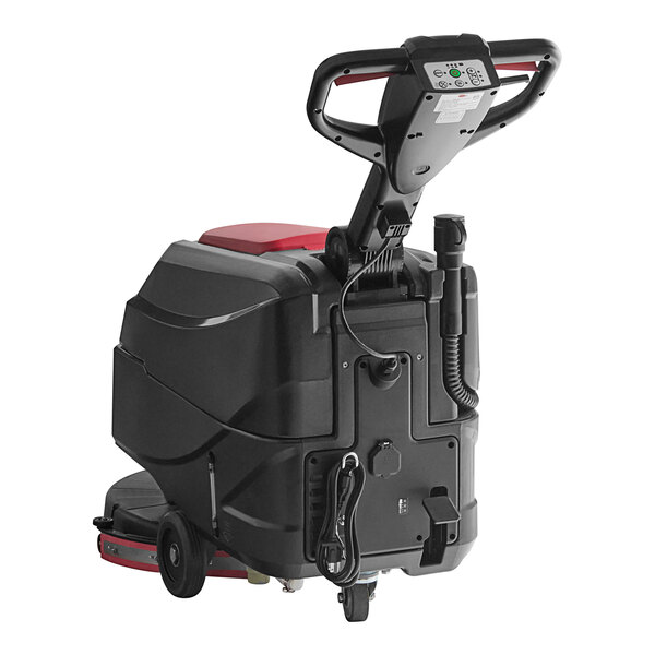 A Viper cordless walk behind floor scrubber with a red handle.