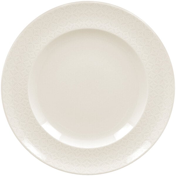 A RAK Porcelain ivory flat plate with an embossed lace pattern.