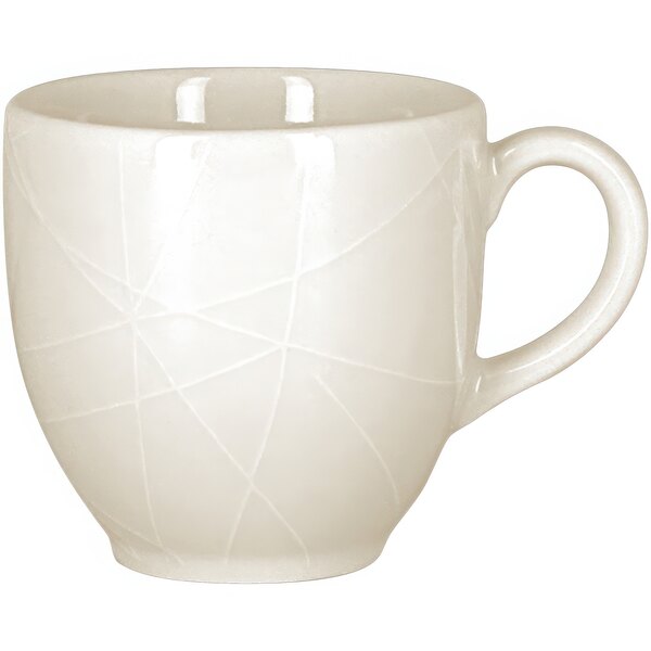 A RAK Porcelain ivory cup with a handle on a white surface.