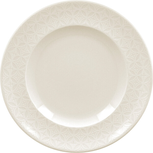 A white RAK Porcelain flat plate with an embossed lace pattern.