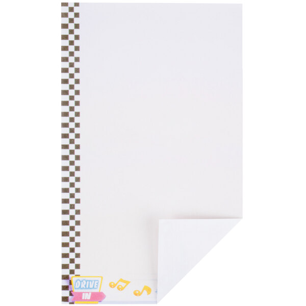 Menu paper with a white background and black and white border with a retro jukebox design.