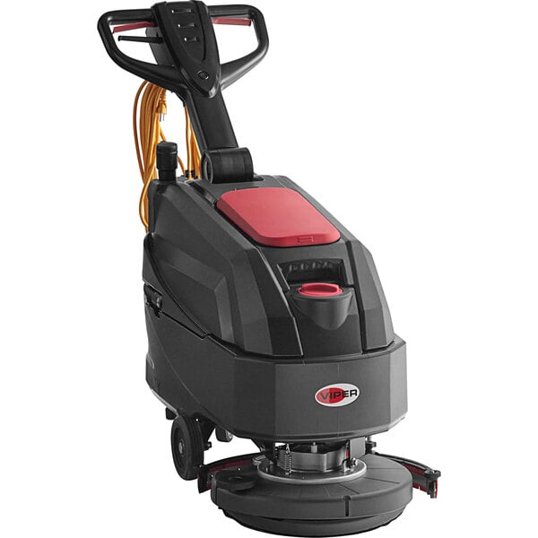 A black and red Viper walk behind floor scrubber with wheels and a handle.