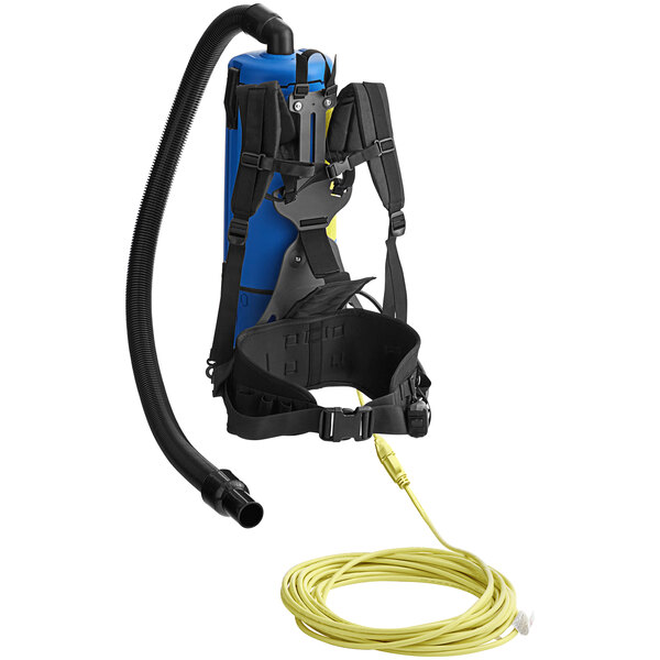 A blue and black Clarke Comfort Pak backpack vacuum with a yellow cable.