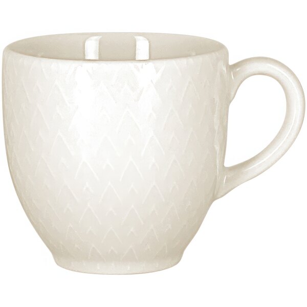 A RAK Porcelain ivory porcelain cup with an embossed design and a handle.