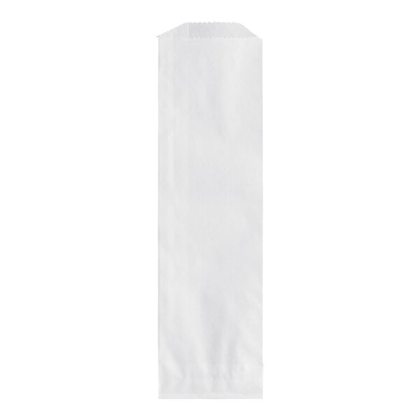 A tall, narrow white paper bag with an open top and flat bottom, photographed against a plain background.