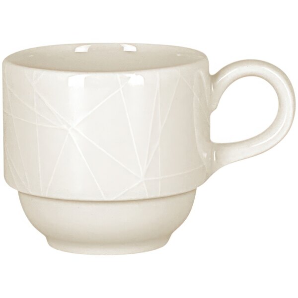 A close-up of a white RAK Porcelain stackable cup with an embossed design and a handle.