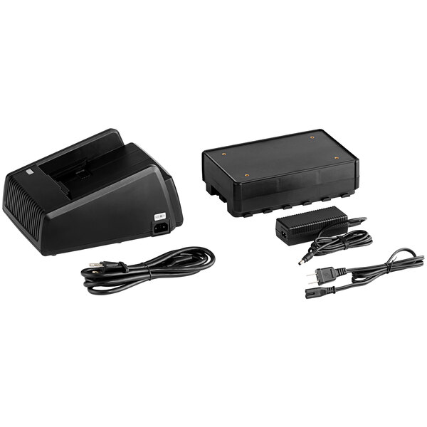 A black rectangular electronic device with wires and screws.