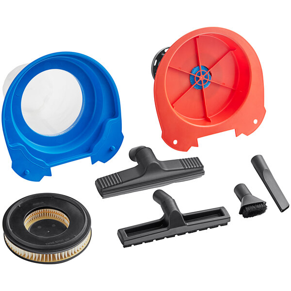 A red and blue Clarke Maxxi II wet/dry vacuum tool kit in a white box.