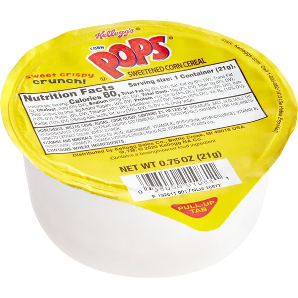 A white container of Kellogg's Corn Pops cereal with a yellow label.