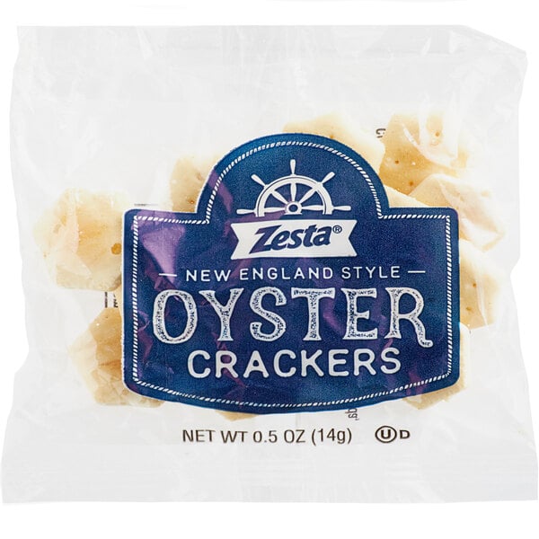 A package of Zesta New England Style Oyster Crackers with a blue and white label.