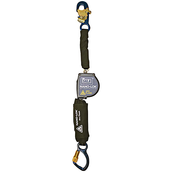 A black and yellow 3M Nano-Lok self-retracting lanyard with an anchor hook.