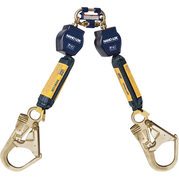 3M DBI-SALA Nano-Lok twin-leg self-retracting lifeline with blue webbing and steel rebar hooks.