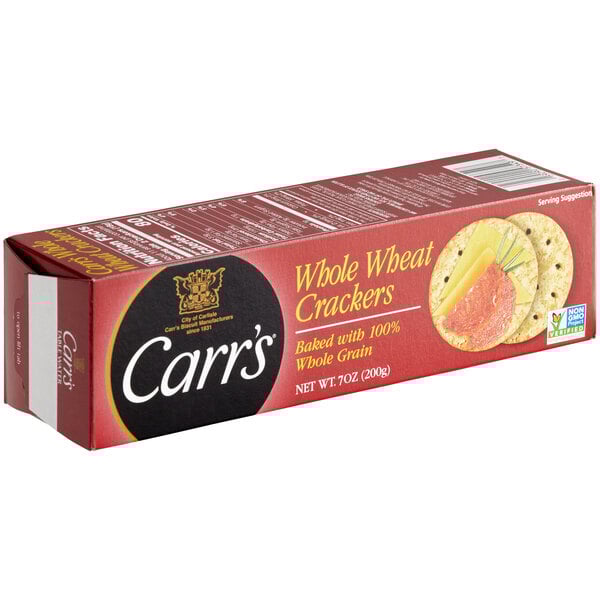 A red box of Carr's Whole Wheat Crackers with white text and a black label.