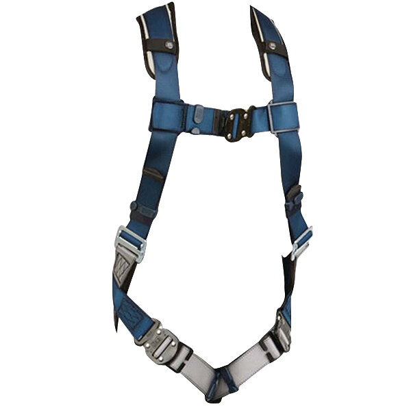 A blue 3M DBI-SALA safety harness with black straps.