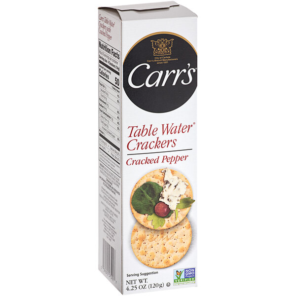 A Carr's Table Water Cracked Pepper Crackers box.