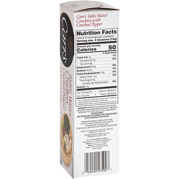 A white Carr's Table Water Cracked Pepper Crackers box with black and red text.