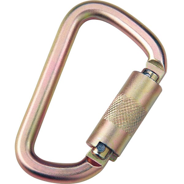 A close-up of a 3M DBI-SALA zinc-plated steel self-closing/locking carabiner.