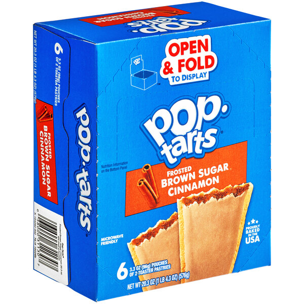 A blue box of Pop-Tarts Frosted Brown Sugar Cinnamon toaster pastries.