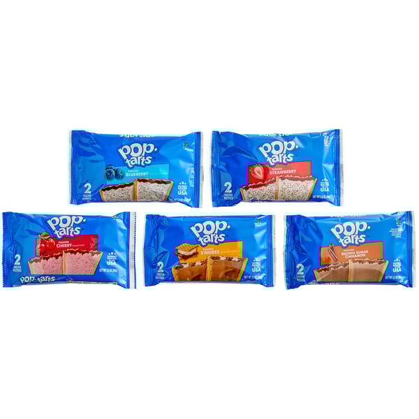 A group of blue Pop-Tarts packages with blue, brown, pink and white labels.